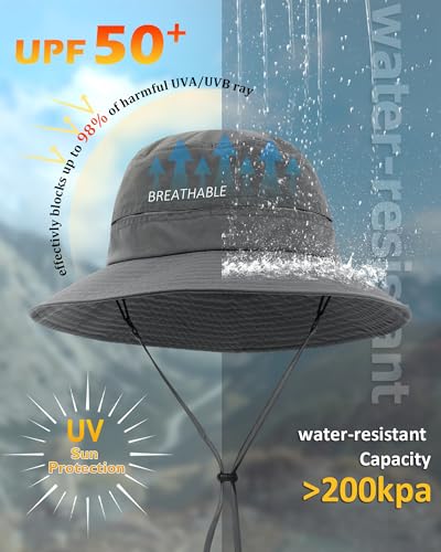 Womens Ponytail Sun Hat Packable UPF50+ Waterproof Bucket Hat Hiking Fishing Safari Hat Foldable Beach Hat - color: Dark Grey