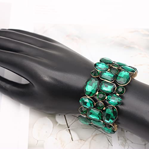 Women’s Wedding Bridal Crystal Leaf Flower Stretch Bangle Elastic Wide Bracelet Jewelry for Brides Bridesmaid - color: Emerald-Gold Plated