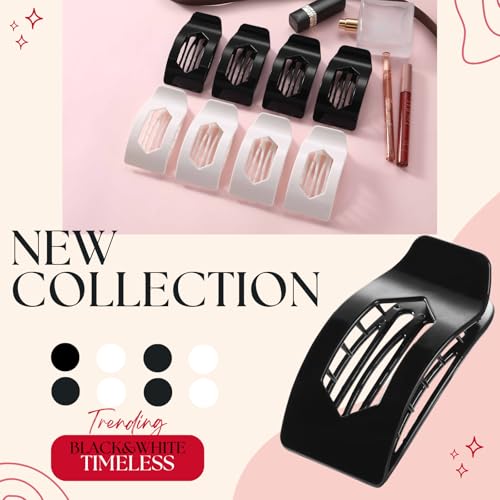 8 Pack Black White Flat Hair Clips for Women – Large Glossy Rectangle No-Slip Claw Clips for Thick & Thin Hair, Strong Hold Square Hair Accessories - color: Black and White