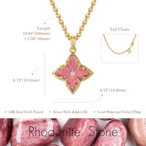 Fettero Gold Clover Necklace for Women Dainty 14K Gold Plated CZ Pendant Necklace Adjustable Chain Choker Charm Colorful Clover Pendant Lucky Necklaces for Women Jewelry - color: Pink Rhodonit