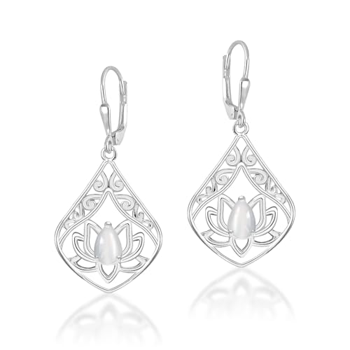 LeCalla 925 Sterling Silver Filigree Dangle Drop Leverback Earrings for Women | Long 925 Silver Dangle Leverback Earrings Hypoallergenic Filigree Tear drop Earrings Jewelry - style: Moonstone Flower-35mm