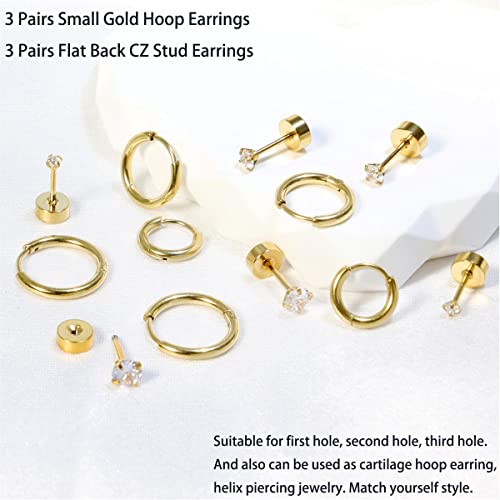 Dainty 6 Pairs Surgical Steel Earrings Sets for Multiple Piercing, Lightweight 14K Gold Plated Small Huggie Hoop Earrings, Flat Back Tiny Ball CZ Stud Earrings for Cartilage, Helix, Lobe, Hypoallergenic - style: 14K Gold Plated- Hoops and CZ Studs