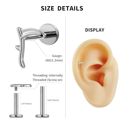 FINE4U 1PC ASTM F136 Titanium Internally Threaded Piercing Jewelry Stud 16G 6mm 8mm for Helix, Tragus, Conch, Flat - color: Sickle - Tit
