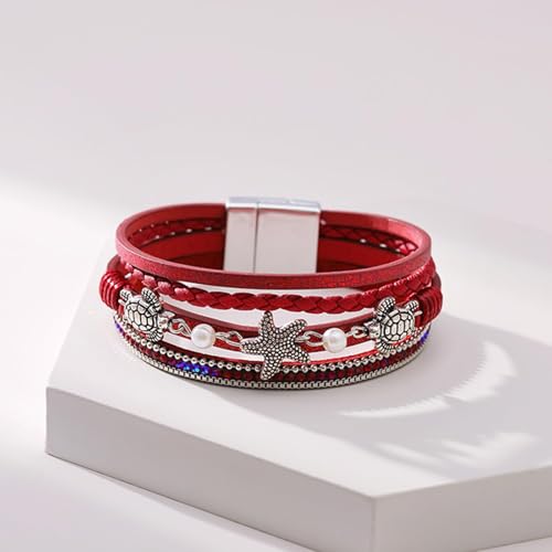 Long tiantian Boho Leather Wrap Bracelets Western Bracelets for Women Stackable Starfish Crystal Pearl Turquoise Leather Bracelet With Clasp Jewelry Gifts Boho Dresses - color: B2:RED Bracelet