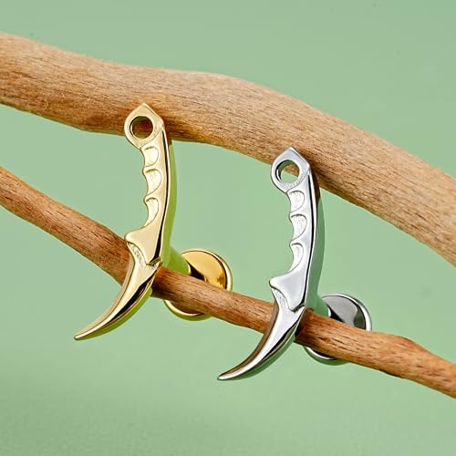 FINE4U 1PC ASTM F136 Titanium Internally Threaded Piercing Jewelry Stud 16G 6mm 8mm for Helix, Tragus, Conch, Flat - color: Dagger - Tit
