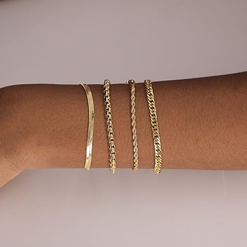 VIROMY Gold Bracelet Sets for Women 14K Gold Plated Stackable Dainty Chain Women’s Bracelet Layered Link Bracelet Set Gold Jewelry for Women - style: 4Layered Cuba-GD