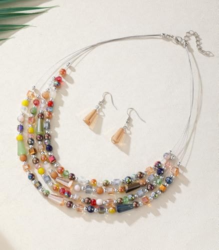 Errally Layered Beaded Statement Necklace Multi Strand Crystal Beads Collar Necklace and Earring Sets for Women Fashion Costume Jewelry Set Gifts for Her - color: Colorful