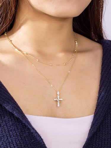 YIMERAIRE Upgraded Moissanite Crown Cross Necklace 14K Gold Vermeil 1.1 Carats Dainty Iced Out Easter Basket Stuffer Cross Jewelry S925 Sterling Silver Simple Gold Christian Faith Moissanite Cross Pendant Necklace For Women - color: Stackable-Gold