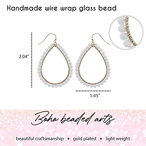 Bohemian Boho Teardrop Dangle Drop Earrings for Women – Delicate - Handcrafted Wire Wrapped Colorful Faceted Glass Beads – Gold Plated – with Gift Box Included - color: White Opal