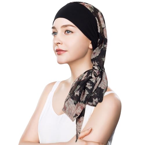 Headwear Turbans for Women - Lightweight Head Scarf for Women's Hair Chiffon Elegant Headwraps Hats - color: Black-peony
