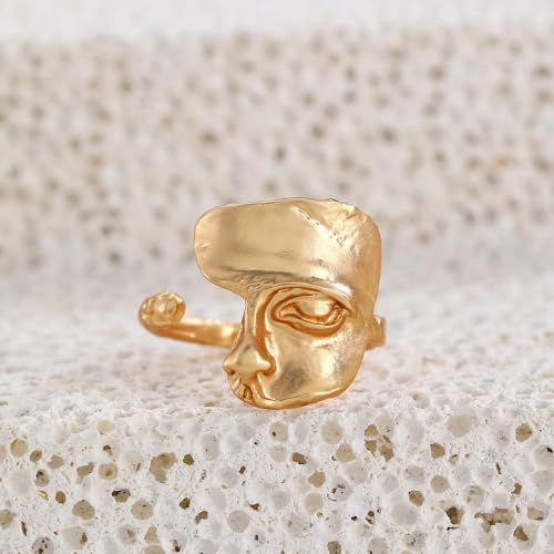 Vintage Abstract Human Face Rings Unique Mask Half Face Band Rings Open Adjustable Sculpture Statement Ring Gold Geometric Knuckle Jewelry for Women - color: Gold