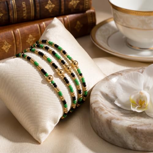 Boho 4Pcs Stack Colorful Small Seed Beaded Bracelets Set for Women, Cute Handmade Dainty Trendy Gold Plated Stretch Accessories Thin Glass Jewelry, Summer Daily Party Friendship Gift - color: Green