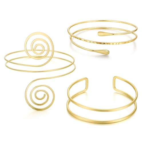 YVVLEE 3Pcs Arm Cuff for Women Open Upper Coil Bangle Bracelets Armlet Gold Silver Adjustable Armband Arm Bracelet Set - color: C