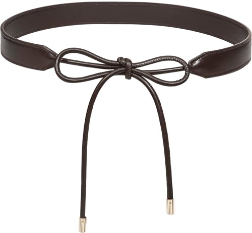 Women PU Leather Tie Waist Belts Knotted Thin Skinny Rope Waistband - color: Coffee