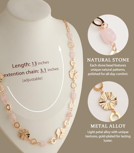 Long Gold Necklaces for Women Dainty Natural Stone Beaded Gold Necklace Mothers Day Gifts Boho Gold Costume Jewelry for Women - color: Pink Crystal