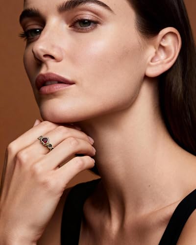 14K Gold Plated Heart Ring - Vintage Red Gemstone Ring for Women, Adjustable Garnet Birthstone Jewelry with Floral Detailing for Christmas and Valentine's Day Gifts