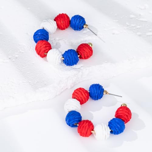 Raffia Hoop Earrings Statement Boho Beaded Earrings Cute Rattan Handmade Colorful Jewelry for Women Unique Summer Outfits - color: 4th of July