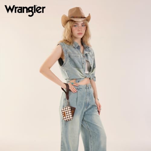 Wrangler KeyChain Wallet Checkered Wristlet Wallets for Women Western Dual Pouch Wristlet Credit Card Holder Wallet - color: Checkered Coffee