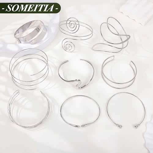 9Pcs Arm Cuff Bracelets Gold Upper Arm Cuff for Women Adjustable Upper Arm Bangle Bracelet Minimalist Irregular Arm Bangle Armband Coil Swirl Armlets Armband Jewelry Set - color: Silver B