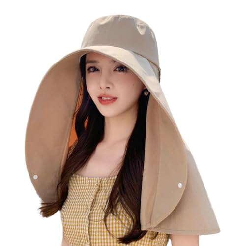 Sun Hats for Women Sun Protection Wide Brim Shawl with Neck Flap Hiking Visor Hat Outdoor Summer Beach - color: Khaki