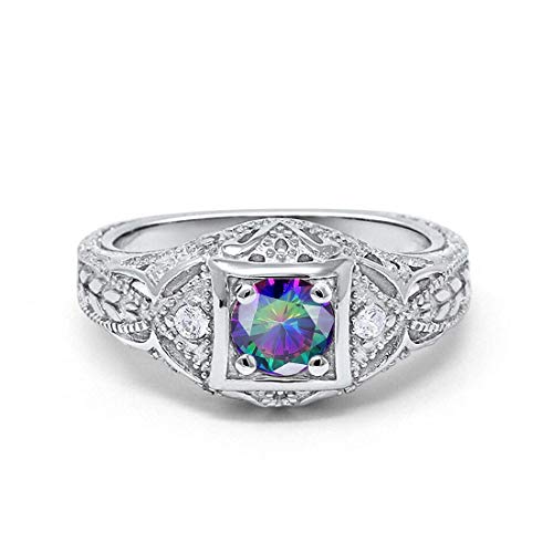 Blue Apple Co. Art Deco Ring Round Cubic Zirconia Leaf Filigree Design Split Shank Twisted Band Bridal Statement Wedding Engagement Rings For Women 925 Sterling Silver Gifts For Her - color: Simulated Rainbow Topaz