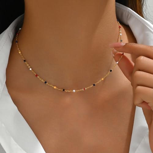 NONAMOIS Gold Chain Necklace for Women Dainty 18K Gold Plated Thin Satellite Beaded Turquoise Necklace Simple Layered Boho Jewelry Christmas Gifts - color: Colorful Beads-Gold