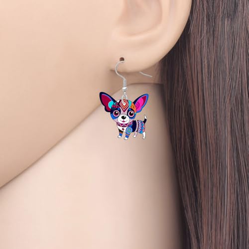 BONSNY Colorful Cute Chihuahua Dangle Earrings Mexican Folk Art Style Dog Pets Design Gifts for Chihuahua Lovers Women Fun Hypoallergenic Jewelry Accessories - color: Purple