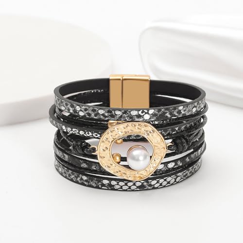 Long tiantian Boho Leather Wrap Bracelets Western Bracelets for Women Stackable Starfish Crystal Pearl Turquoise Leather Bracelet With Clasp Jewelry Gifts Boho Dresses - color: C5:black leather bracelet