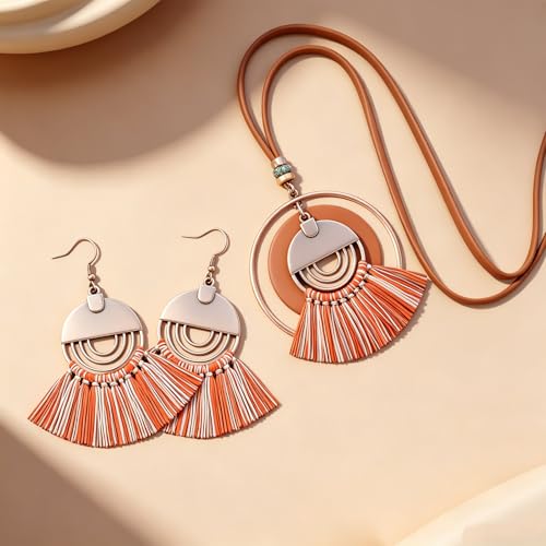 Wooden Leather Necklaces Set Bohemian Wood Stack Discs Long Chain Hemp Rope Bronze Plated Pendant Ethnic Tribal Fall Leaf Earrings Jewelry Statement Necklace - color: R-034