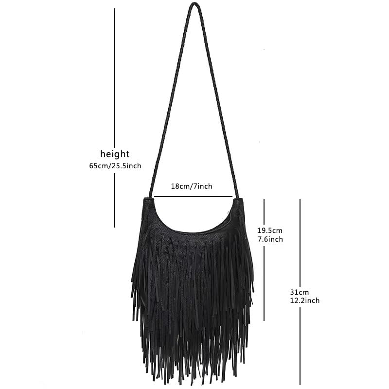Tassel Shoulder Bag, Vintage Stylish Women PU Leather Bohemian Fringed, Vintage Hobo Crossbody Bag,Fringe Handbag - color: Black Red-4