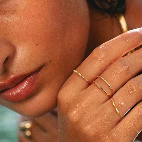 CONRAN KREMIX Waterproof Gold Stackable Rings for Women Non Tarnish,Dainty 14K Gold Plated Thin Thumb Ring Set Trendy Minimalist Rings for Women - color: Gold, size: 5