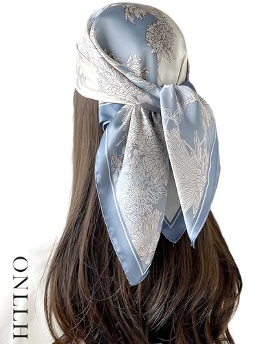 100% Mulberry Silk Scarf for Women Hair Lightweight Square Neckerchief Wrap For Head Scarves 21" - color: 17-light Blue Daisy /21"*21"