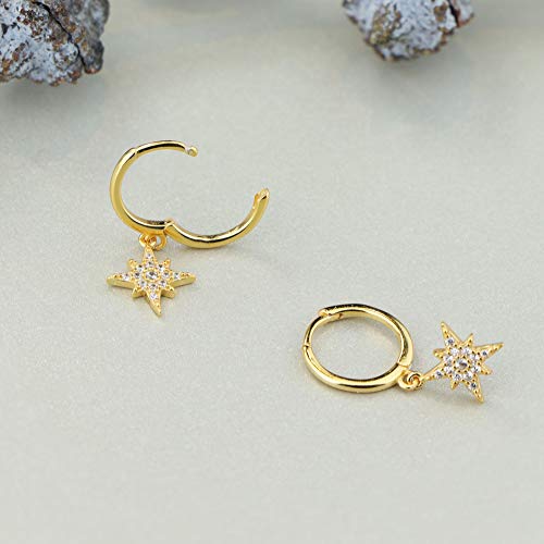 MILACOLATO 925 Sterling Silver Hoop Earrings for Women 18K Gold/Rhodium Plated Drop Dangle Hoop Earrings with Charms Cross Spike Moon Star Paperclip Link Statement Earrings Convertible Link Huggie Earrings Hypoallergenic - color: Gold Tone : 1Pairs CZ Sta