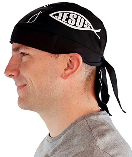 Sparkling EARTH - American Made Skull Caps Doo Rags Do Rag Durag Headwrap Head Wraps Skullies - Made in The USA! - color: Christian Fish/Jesus Religious Faith