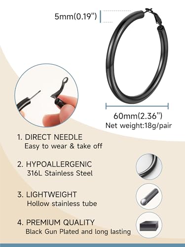 Stainless Steel Chunky Hoop Earrings For Women, Minimalist and Chic, Black/Gold Plated, Round Hoops Earrings Hypoallergenic, Size: 30mm/40mm/60mm/80mm, Come with Box - color: 1. Black, size: 60MM