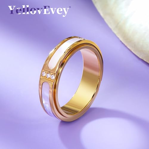 Fidget Spinner Ring for Women:18K Gold Plated Stainless Steel with Mother of Pearl Shell & Cubic Zirconia, Anxiety Relief Spinning Jewelry Gift for Birthday Wedding Engagement Anniversary - color: CZ Shell Spinner Ring_Gold, size: Size 8