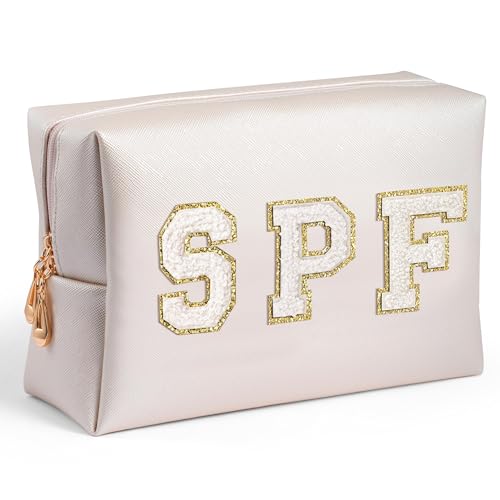 Preppy Patch Cosmetic Bag - Summer Gift White SPF Chenille Letter Makeup Bag, PU leather Travel Toiletry Kit Portable Waterproof Make Up Pouch Zipper Clutch, Gifts for Women Girls - color: White, style: Spf