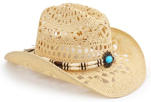 Straw Cowboy Hat, Western Cowgirl Hat, Wide Brim Sun Beach Hat for Men and Women - color: Beige-m23