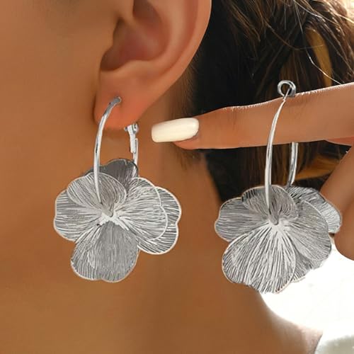 Gold Flower Earrings for Women Boho Orchid Earrings Floral Hoop Petal Earring Prom Wedding Jewelry - style: B:SILVER