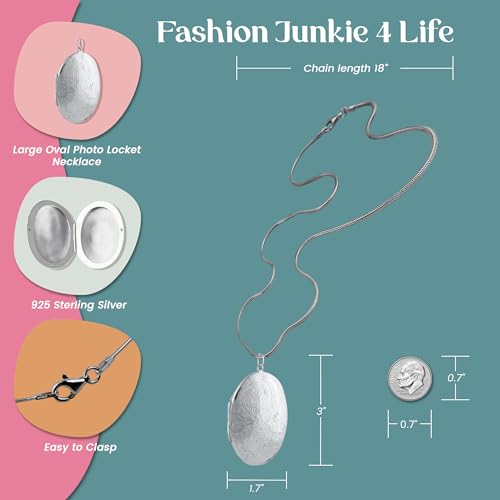 FashionJunkie4Life Sterling Silver Oval Locket Necklaces for Women, 18" Cable Chain - style: Large Oval Floral