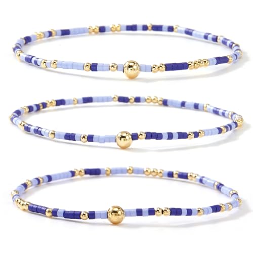 Colorful Beaded Bracelet Stack for Women,3PCS Handmade Bohemian Gold Plated Ball Stretch Stackable Bracelets Set Fashion Jewelry Gift Friendship - color: Blue