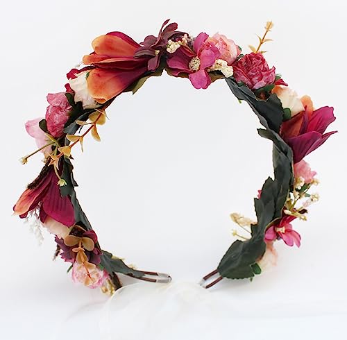 Vivivalue Wedding Flower Crown Adjustable Flower Headband Hair Wreath Floral Headpiece Halo Boho Party Prom Festival Photos - color: R