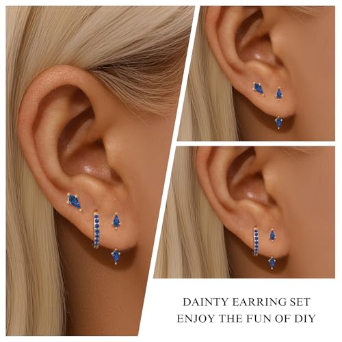GEORGE · SMITH Stackable Kite Stud Earrings Set for Women, Gold & Silver Huggie Birthstone Jewelry with Emerald Green & Blue Sapphire, Trendy Earrings for Women 2025 - color: blue and gold kite stud