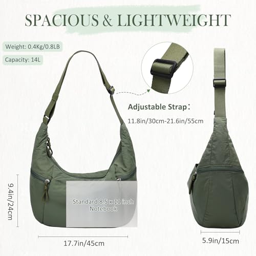 VASCHY Crossbody Crescent Bag for Women, Casual Lightweight Nylon Large Slouchy Hobo Bags Purses for Travel/Gym/Work/College - color: Deep Green