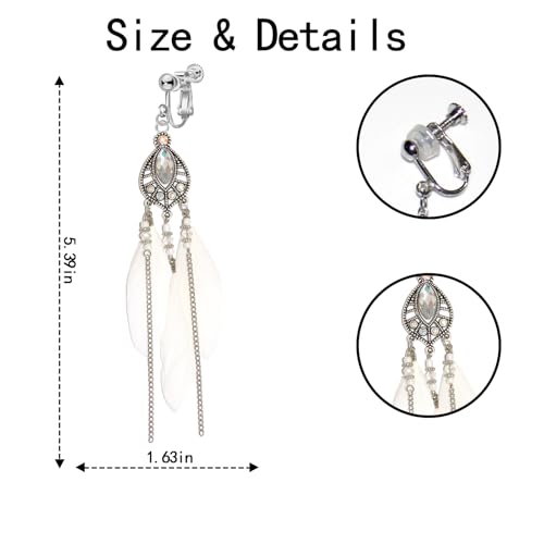 Clip on Tassel Dangle Earrings for Boho Women, Non Pierced, Colorful Feather Handmade Beads Fashion Vintage Fringe Jewelry for Parties Weddings Festivals Trendy Statement Earrings for Bohemian - color: White A