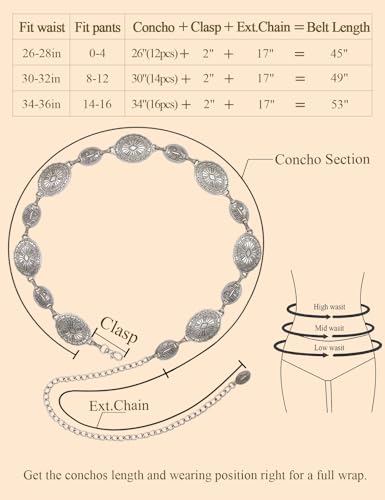 TOPACC Western Metal Concho Belt for Women Cowgirl Chain Belts for Dresses Jeans Country Concert Outfit - color: B Silver, size: Fit Waist: 30-32 in