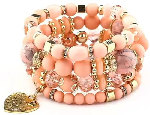Women Beaded Bracelet Set | Colorful Boho Stackable Trendy Design with Crystal Accents Multilayer Bangle Bracelet | Fashion Stretch Braclets Jewelry for Women - color: Peach