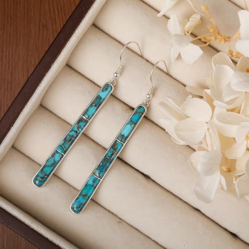 Turquoise Earrings for Women 925 Sterling Silver Gemstones Dangle Earrings Bohemian Style Statement Bar Earrings Dangle Earrings for Women Earrings Valentines Gifts - color: Blue Gold