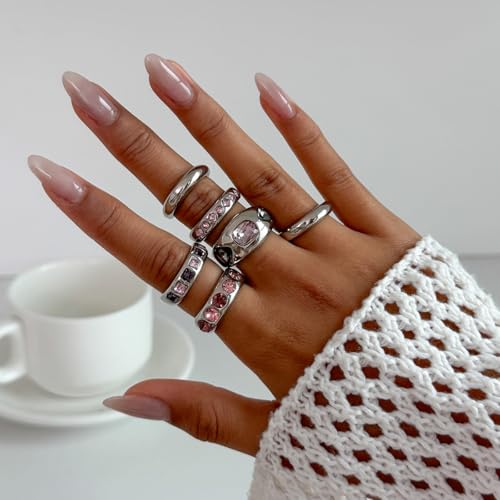 Chunky Gold Rings for Women Non Tarnish Silver Chunky Rings Set Adjustable Thick Statement Ring Gold Stackable Ring for Women Trendy Fashion Silver Jewelry - style: Style8-Purple Gemstone Silver 6Pcs