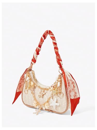 MakeMeChic Women's Straw Beach Purse Seashell Beaded Shoulder Handbags Summer Vacation Bags - color: Multicolor E